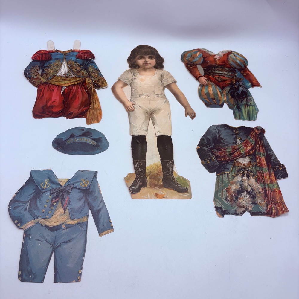 Antique Victorian Paper Doll Boy with 5 Costumes Sailor Scottish Military Kilt